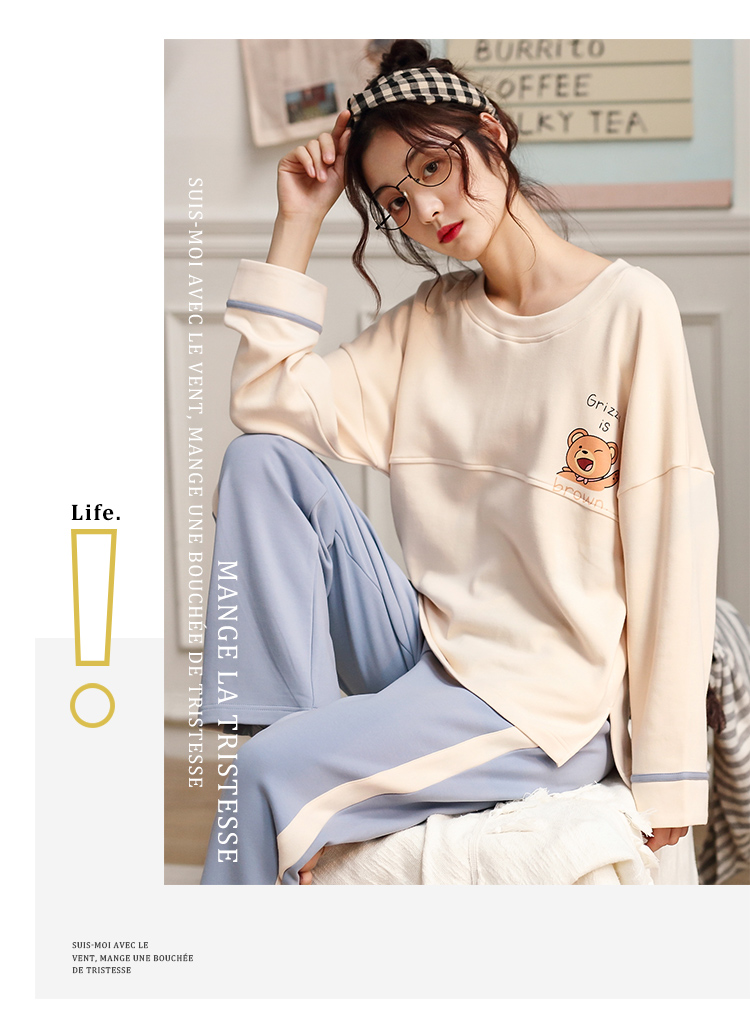 Bộ đồ ngủ nữ mùa xuân và mùa thu cotton dài tay phiên bản Hàn Quốc của bộ đồ sinh viên tươi mát cotton mùa đông có thể mặc bên ngoài dịch vụ gia đình đồ bộ bầu