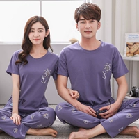 Bộ đồ ngủ đôi nữ mùa hè cotton ngắn tay hai mảnh Bộ đồ ngủ nam XL mùa hè có thể mặc bên ngoài quần áo phù hợp đồ ngủ khủng long