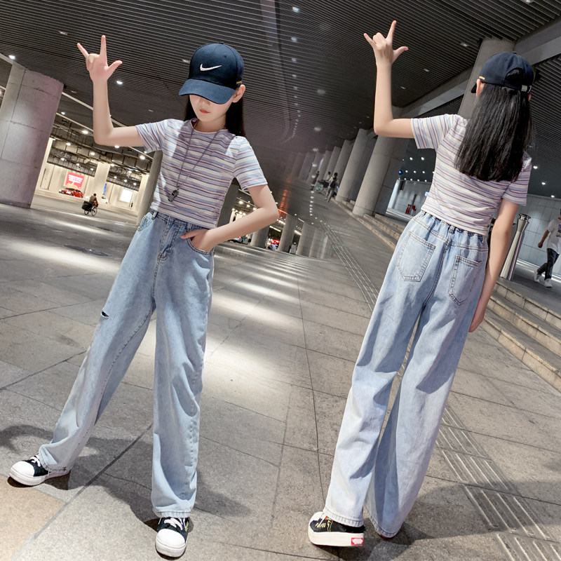 Girls' jeans thin wide-leg pants 2022 summer big boy's western style trousers loose children's hip-hop straight pants