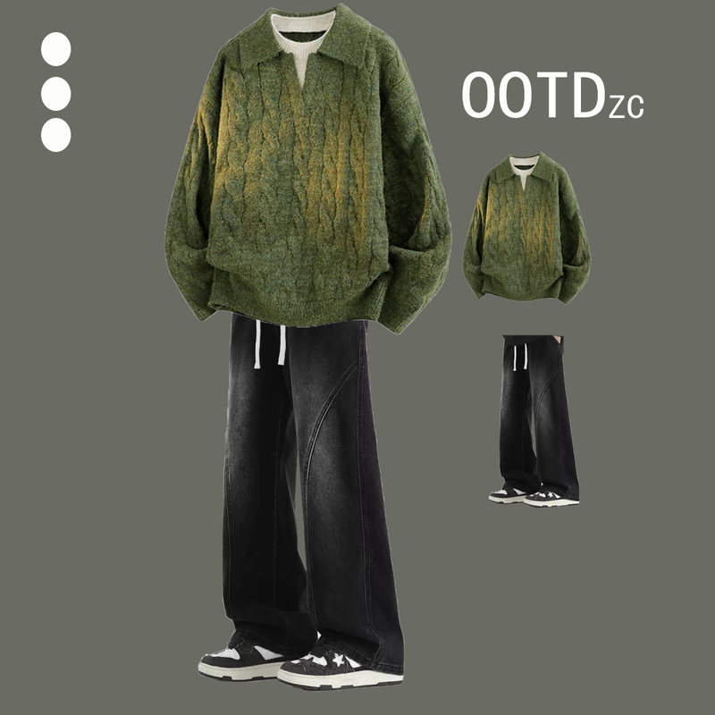 Fake Two-Piece Soft Sweater with a College-Style Turn-Down Collar and Cable Knit, Paired with Jeans, a Stylish Outfit for Men