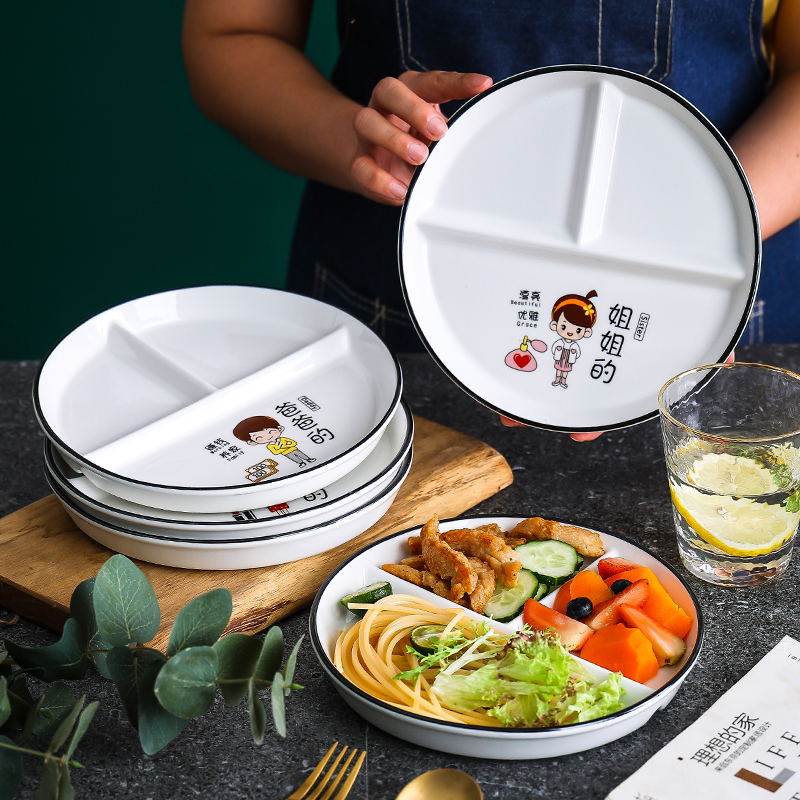 Divided Fat-Reducing Meal Plate for One Person, Household Breakfast Cartoon Children's Ceramic Portion-Controlled Rice Plate, Three-Compartment Meal Plate