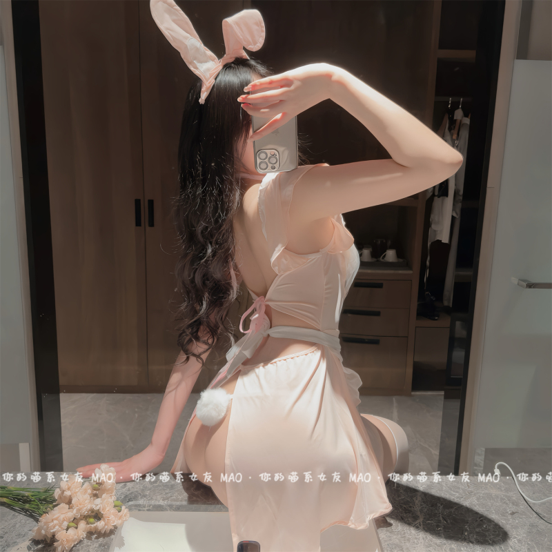 White Bunny* Fungus Lace See-Through Suspender Dress Cute Bunny Maid Outfit Sexy Pure Desire Nightgown Girl