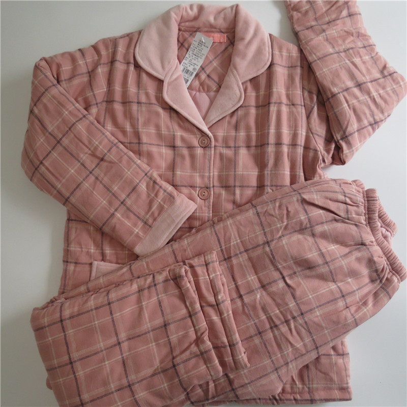 Maniya pajamas women's winter three-layer warm thick quilted pure cotton women's thickened home service plaid long-sleeved trousers