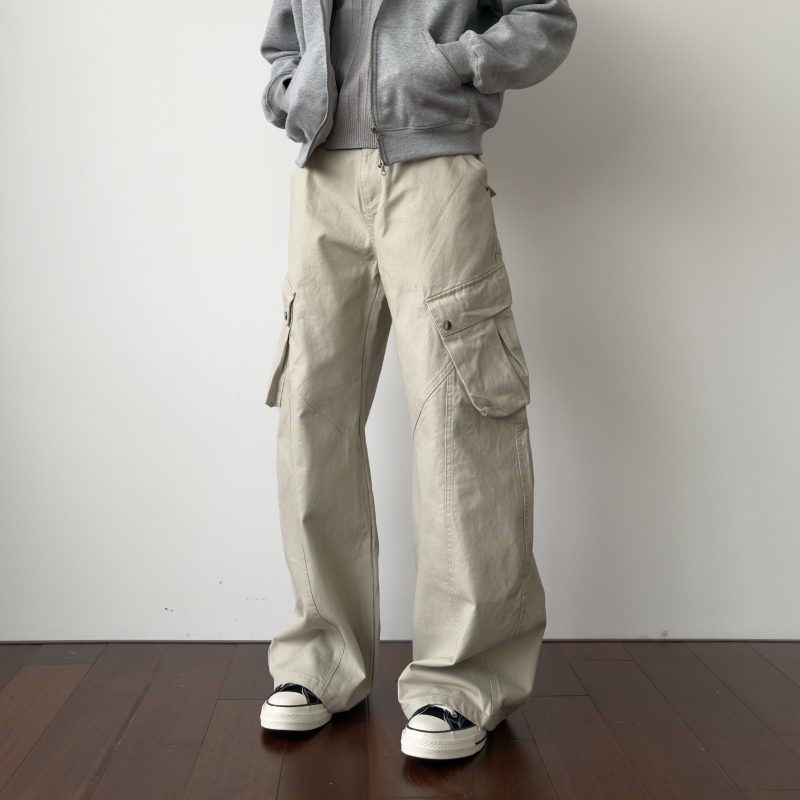 Ahcn Has High Aspirations, American Street Style Pleated Design Multi-Pocket Cargo Pants, Loose Straight-Leg Trousers for Men and Women