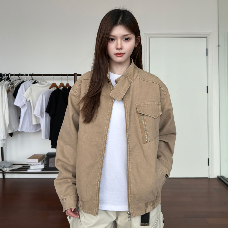 Ahcn Has High Aspirations, American-Style Cleanfit Simple Stand-Up Collar Jacket for Men, Retro Workwear Short Top