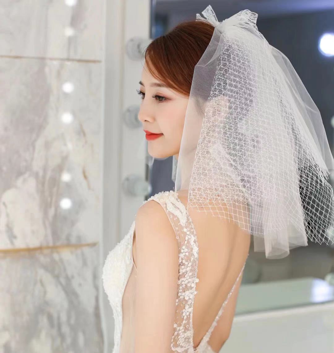 Beautiful light veil bride certificate veil bow short super fairy forest red net red photo props Forest simple