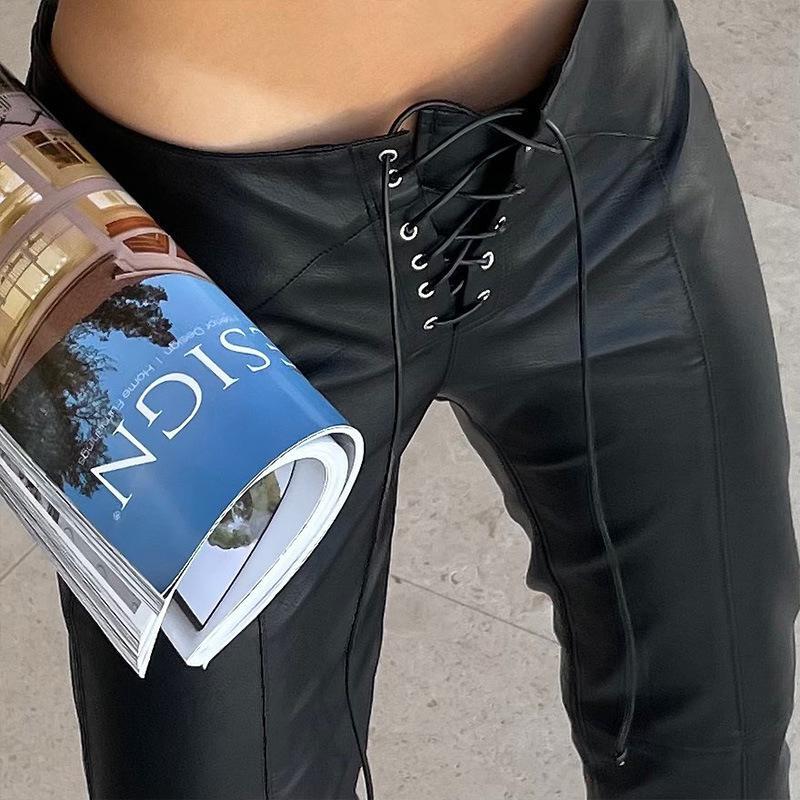 European and American 2024 Autumn Pu Leather Pants for Women, Straight-Leg, Lace-Up, Casual, Low-Waisted Long Pants Lace-Up Leather Pants
