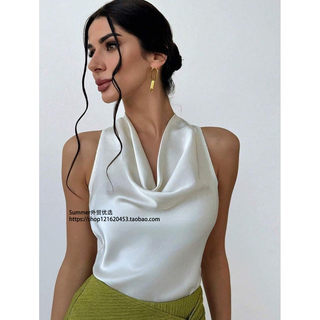 2025 summer sexy satin forged face strappy collar vest