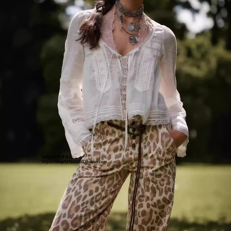French Lace Shirt with U-Shaped Lace Collar, Long Sleeves, Lightweight and Unique Top Lace Patchwork Shirt