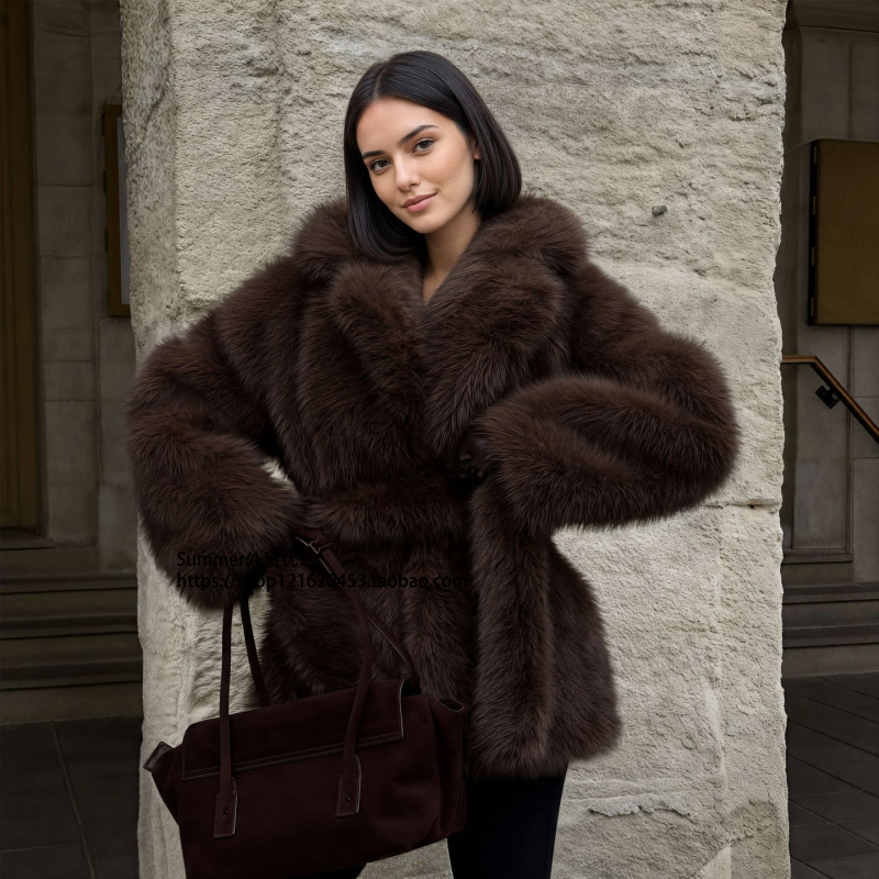 Faux Fur Coat, Mid-Length, Belted, Imitation Fox Fur Jacket for Women, Strap Imitation Fur