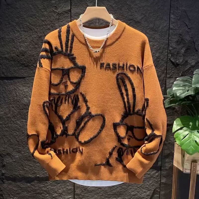 Trendy Cartoon Print Rabbit Sweater for Men, Autumn and Winter Couple's Fashion Pullover, Casual Versatile Crew Neck Knitwear