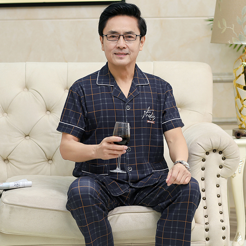 mens mùa hè đồ ngủ ngắn tay pajama quần cotton thiết lập quần áo nhà mỏng cardigan đồ ngủ trung niên cỡ lớn.