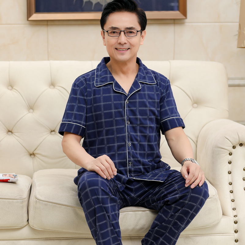 mens mùa hè đồ ngủ ngắn tay pajama quần cotton thiết lập quần áo nhà mỏng cardigan đồ ngủ trung niên cỡ lớn.