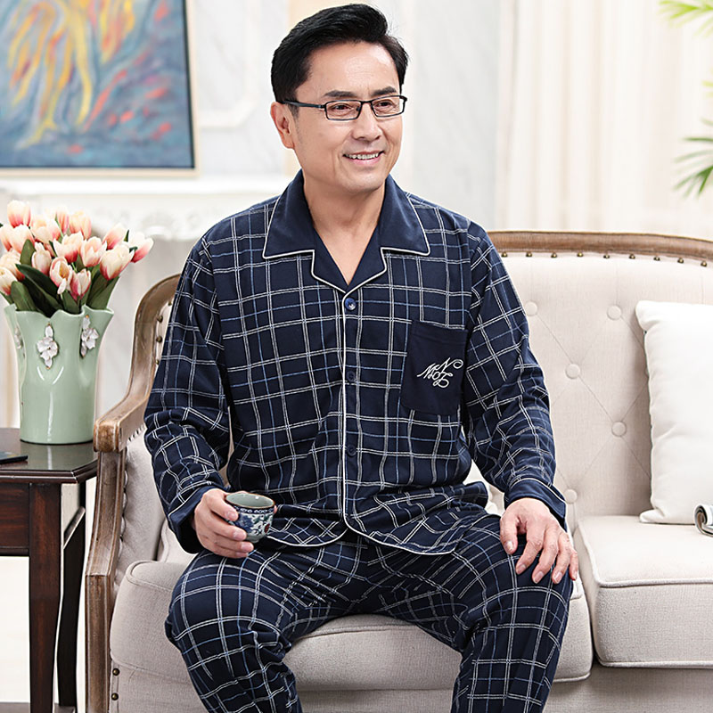 Bộ đồ ngủ mens dài tay áo bông cotton vào mùa xuân và mùa thu trung niên cha nhà quần áo mùa thu và mùa đông hình học mens mẫu quần áo mùa xuân về nhà.