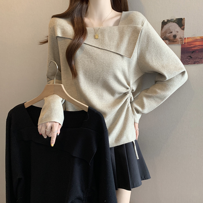 Plus-Size Asymmetrical One-Shoulder Knit Sweater for Women, Autumn and Winter, Slimming Drawstring Design, Inner Layer Base Shirt Top