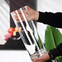 Minimalist glass vase transparent large straight drum water raising rich and expensive bamboo lilies inserted dry flower pendulum pieces living room Nordic modern
