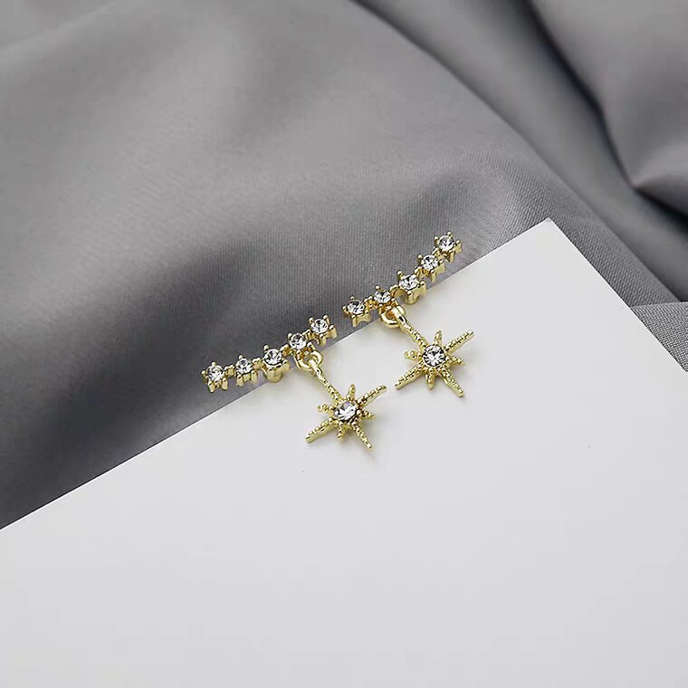 s925 silver Japanese and Korean small fresh eight-pointed star zircon short ear acupuncture female design sense net red fashion all-match temperament