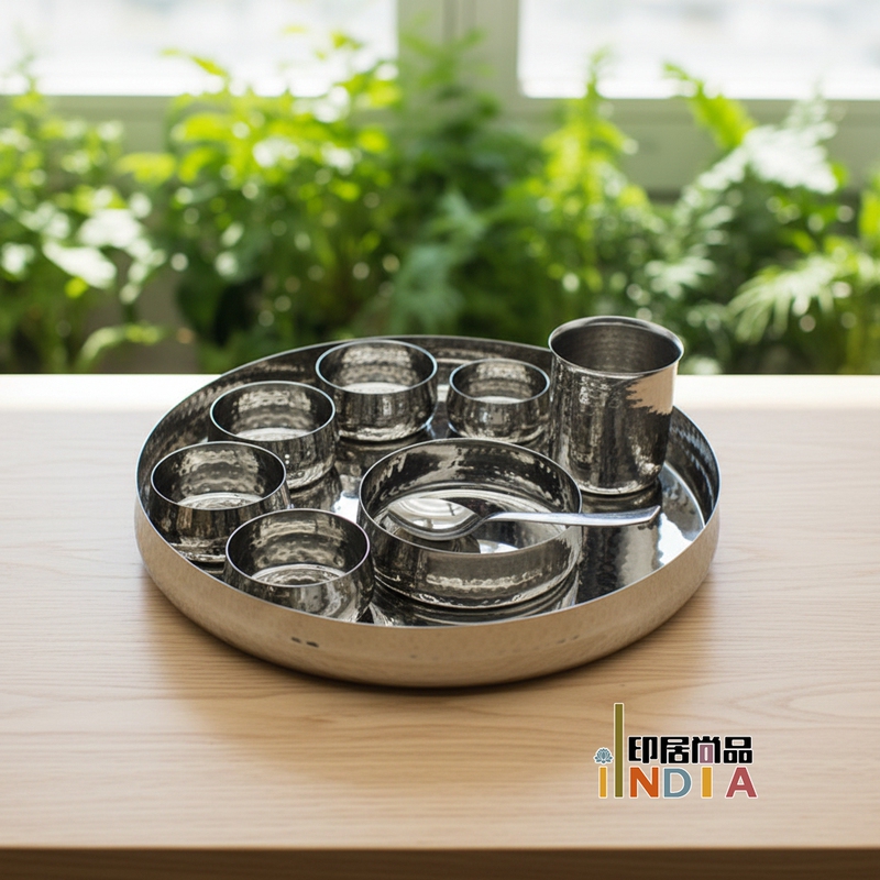 Yinju Shangpin Imported Thali Pure Handmade Stainless Steel Plate Thali Curry Round Plate Indian Hotel Restaurant Tableware