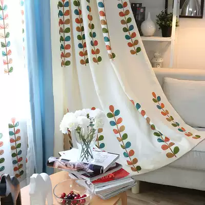 Customized pastoral embroidery leaf shade cloth splicing cotton linen fabric living room floor-to-ceiling windows custom curtain finished yarn
