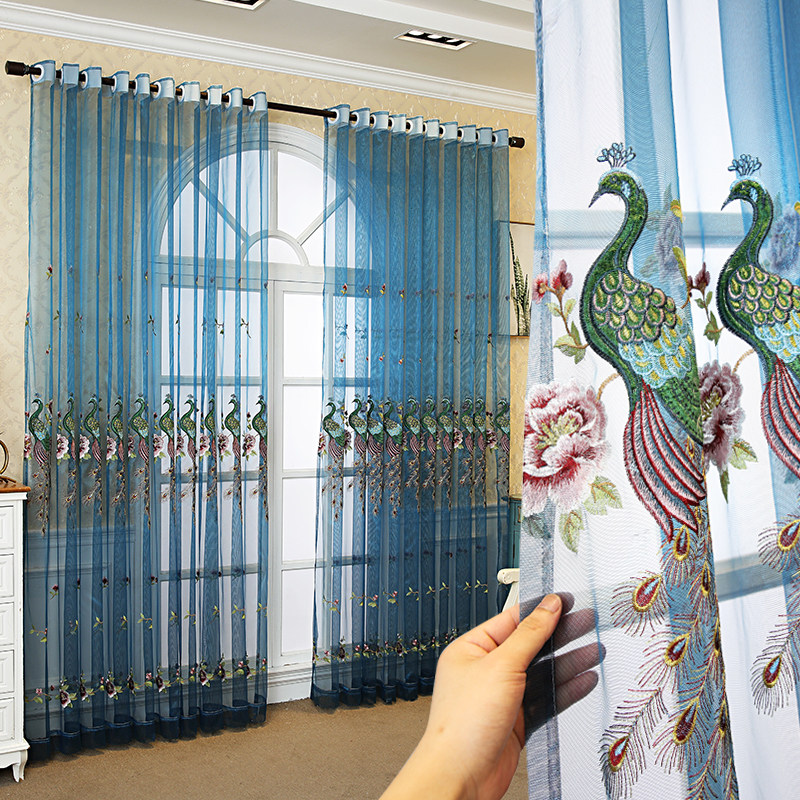 Custom-made high-grade Chenille embroidered screen curtain Peacock window screen semi-translucent partition balcony living room blue finished curtains