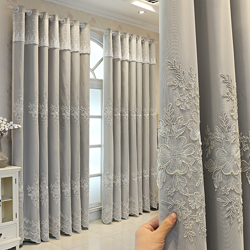 Custom minimalist cloth yarn integrated lace embroidered double layer window curtain cloth material bedroom living room floating window all-shade finished product