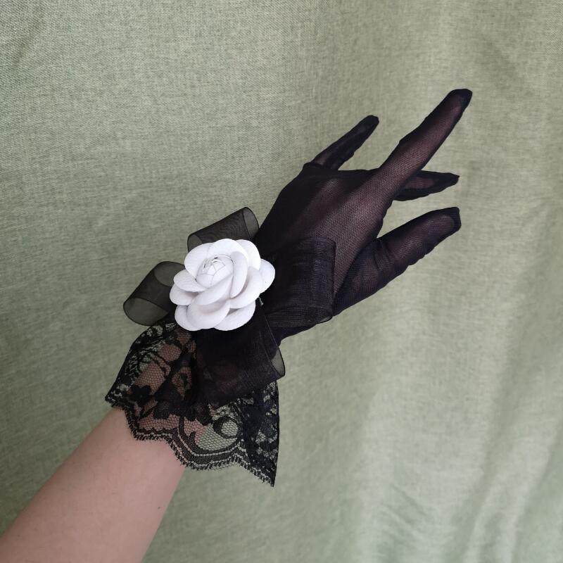 French retro fairy-style see-through short gloves, thin, fingerless, lace, sun protection, breathable, sexy, camellia summer style.