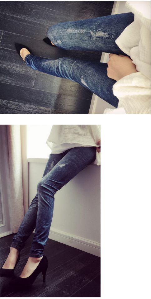 Phiên bản Hàn Quốc của mùa thu và mùa đông quần giả denim mặc quần legging được in mỏng co giãn chải chín điểm quần quần thủy triều quần ngủ nữ
