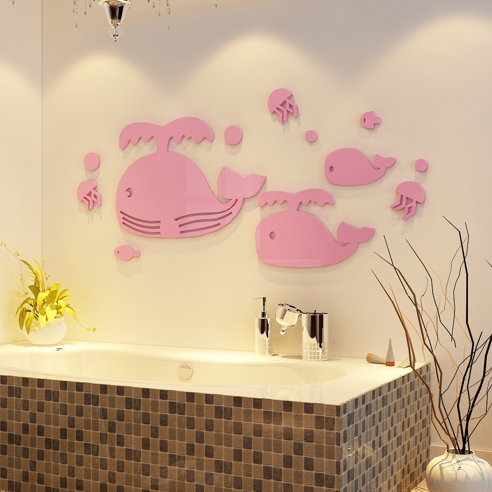 Whale cute cartoon sticker acrylic wall sticker 3D stereo bathroom decorated bathroom glass pattern