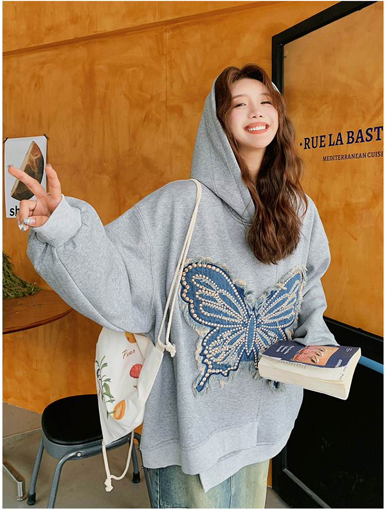 トップス】蝶刺繍フード付きスウェット レディース 秋新作