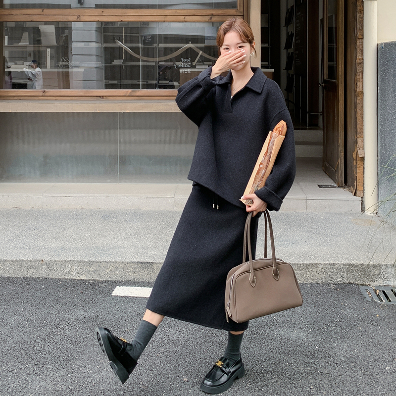 Gray Korean-Style Simple and Lazy Woolen Suit Skirt for Women 2025 Autumn and Winter New Sweatshirt and Skirt Two-Piece Set