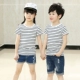 Mùa hè phim hoạt hình thiếu nhi tay áo ngắn bé trai cotton trẻ em áo thun bé gái cổ tròn rộng