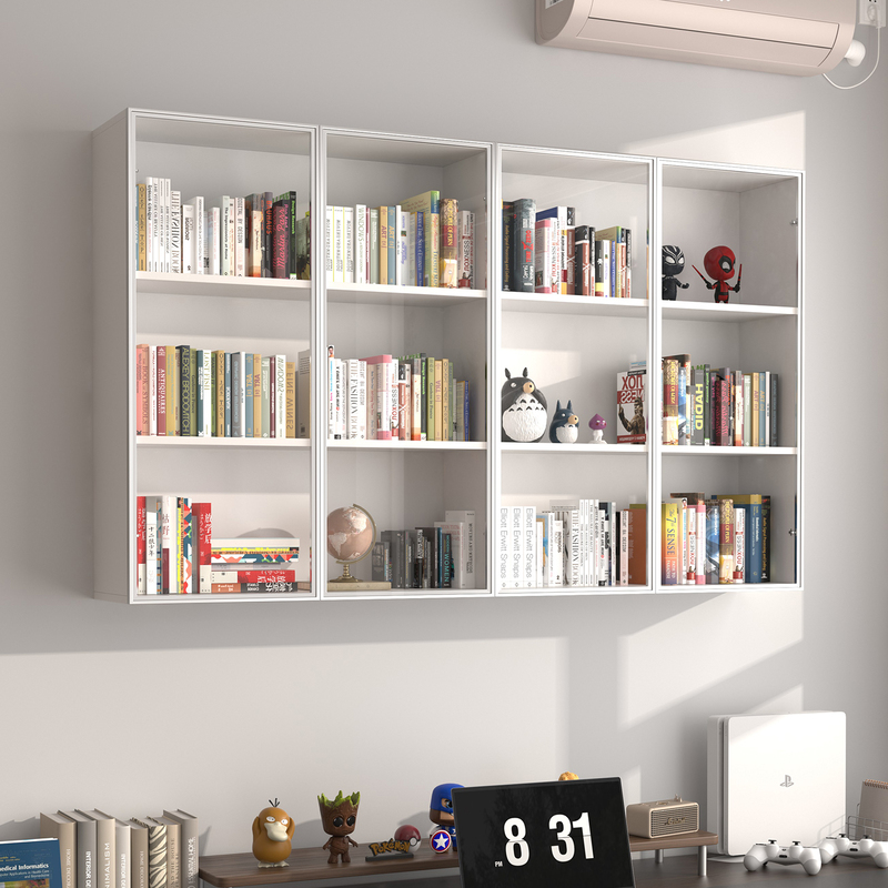  Solid Wood Wall-Mounted Bookcases, Wall-Mounted Bookshelves, Glass Door Light Luxury Study Display Cabinets, Storage Cabinets