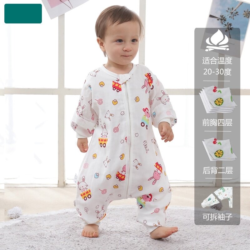 Sub-legged baby sleeping bag Chunqiu pure cotton thin section Cartoon Four Layers Full Cotton Cotton Cloth Anti Kick Quilt Integrated Spring Short Sleeves