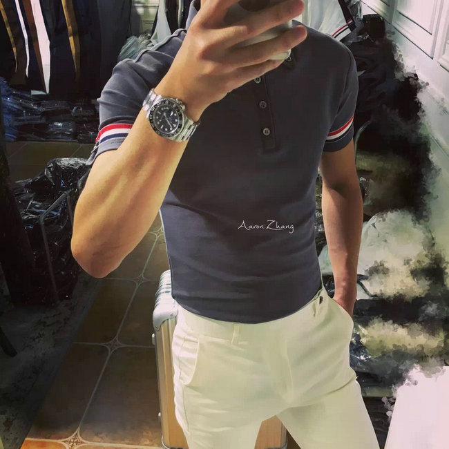 Mùa hè Châu Âu và Vương Quốc Anh Anh Slim Polo Áo Sơ Mi Ngắn Tay Áo TB Gió Tricolor Ribbon Ánh Sáng Polo Áo Tide Cotton T