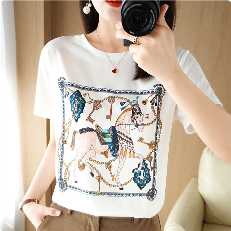 Summer New Style Women's Short-Sleeved T-Shirt, Loose Fit, Regular Shoulder, Low Round Neck Top, Front Silk, Back Cotton, Versatile Silk Print Tank Top Summer New Style Women's Short-Sleeved T-Shirt, Loose Fit, Regular Shoulder, Low Round Neck Top, Front Silk, Back Cotton, Versatile Silk Print Tank Top