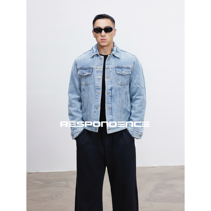 Respondence Washed Vintage Light Blue Denim Jacket Distressed Slim Fit Ice Blue Coat