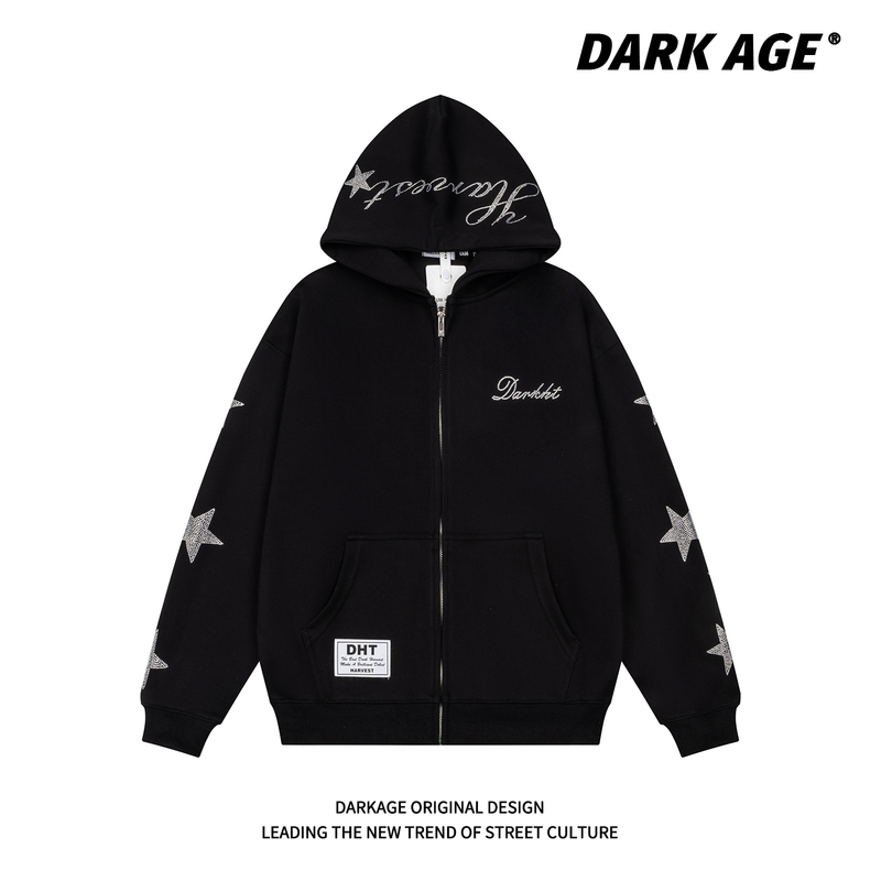 Darkage Original American Retro Star Rhinestone Hooded Sweatshirt for Men and Women Loose Zipper Cardigan Hoodie Jacket Darkage Original American Retro Star Rhinestone Hooded Sweatshirt for Men and Women Loose Zipper Cardigan Hoodie Jacket