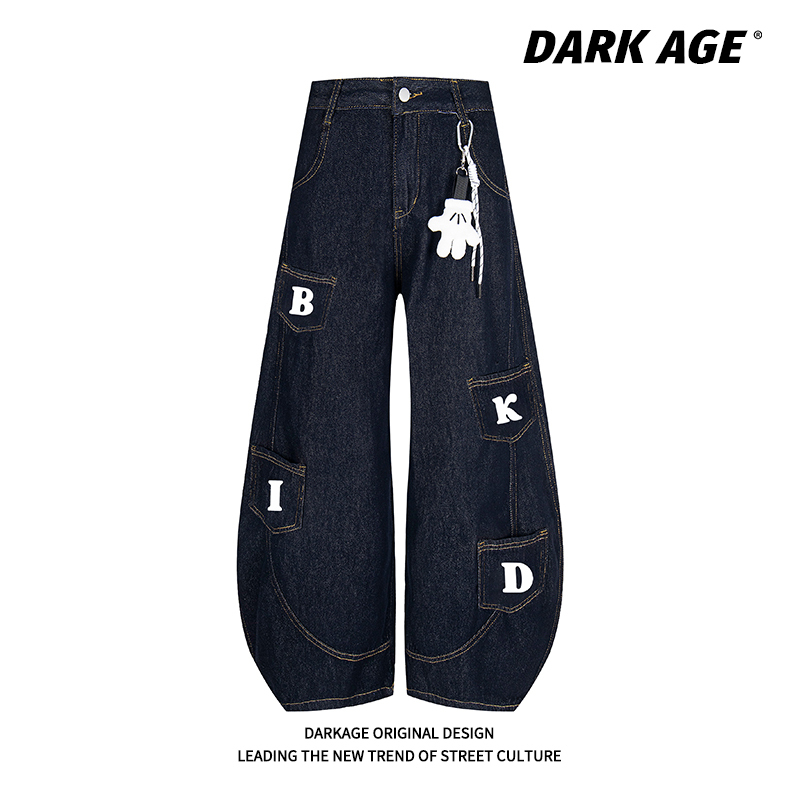 Darkage American Retro Washed Multi-Pocket Scimitar Pants Distressed Unisex Jeans Floor-Length Loose Trousers