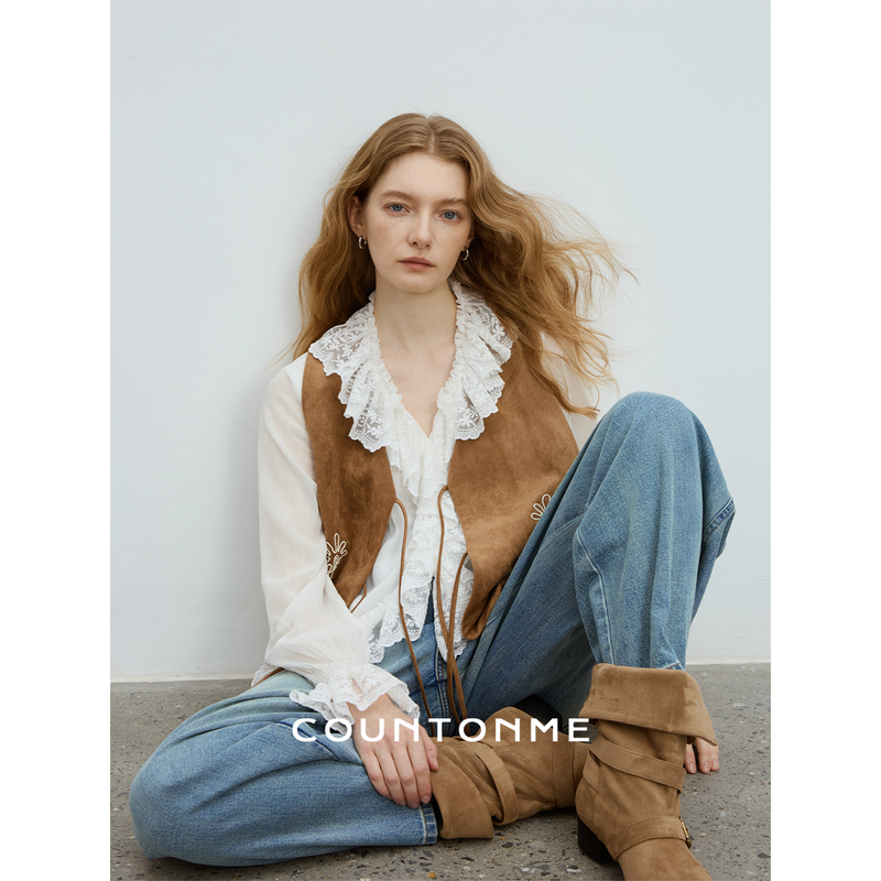 Countonme Retro Heavy Embroidery Suede Holiday Bohemian Style Lace-Up Layered Vest Countonme Retro Heavy Embroidery Suede Holiday Bohemian Style Lace-Up Layered Vest