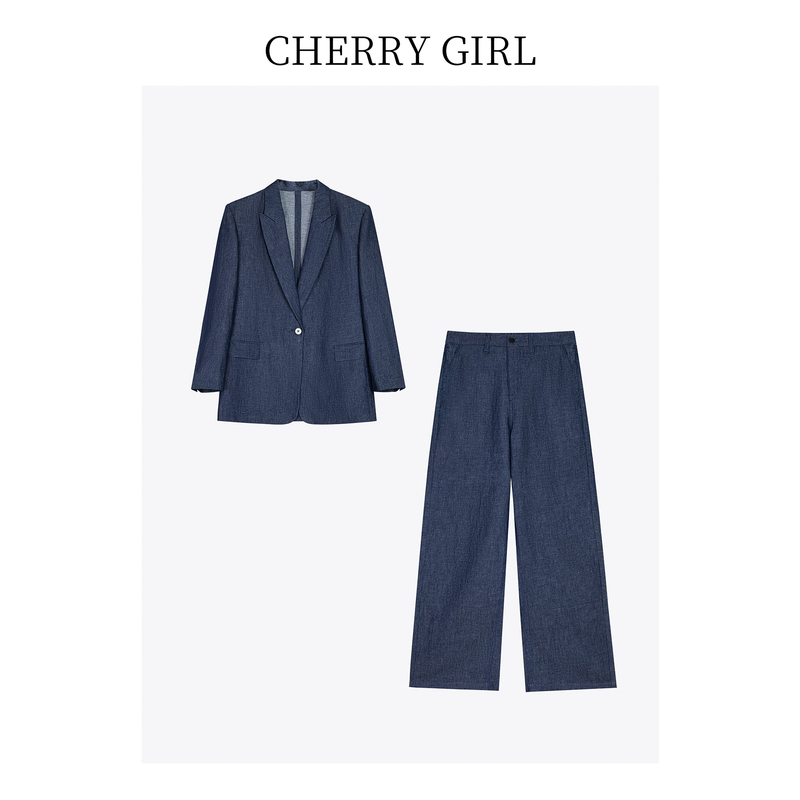 Casual Commuting Hemp Denim Suit with Wide-Leg Pants, Minimalist Dark Blue Workplace Commuter Women's Two-Piece Suit