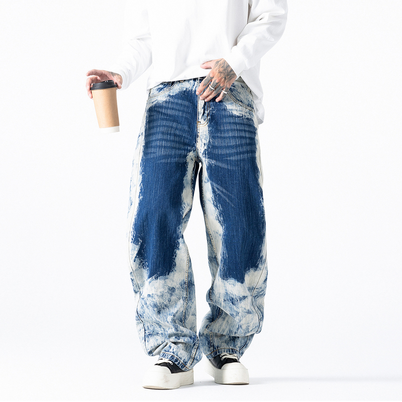 Di Sai Square Spring New Collection American Retro Snowflake Washed Distressed Jeans Men's Loose Wide-Leg Straight Pants