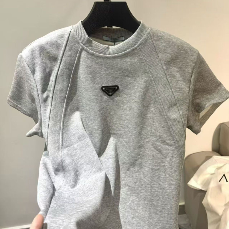 [P Brand 1:1 Original/Complete with Three Labels] Triangle Logo Summer Heavy Cotton Men's Light Luxury Sports Short-Sleeve Shirt