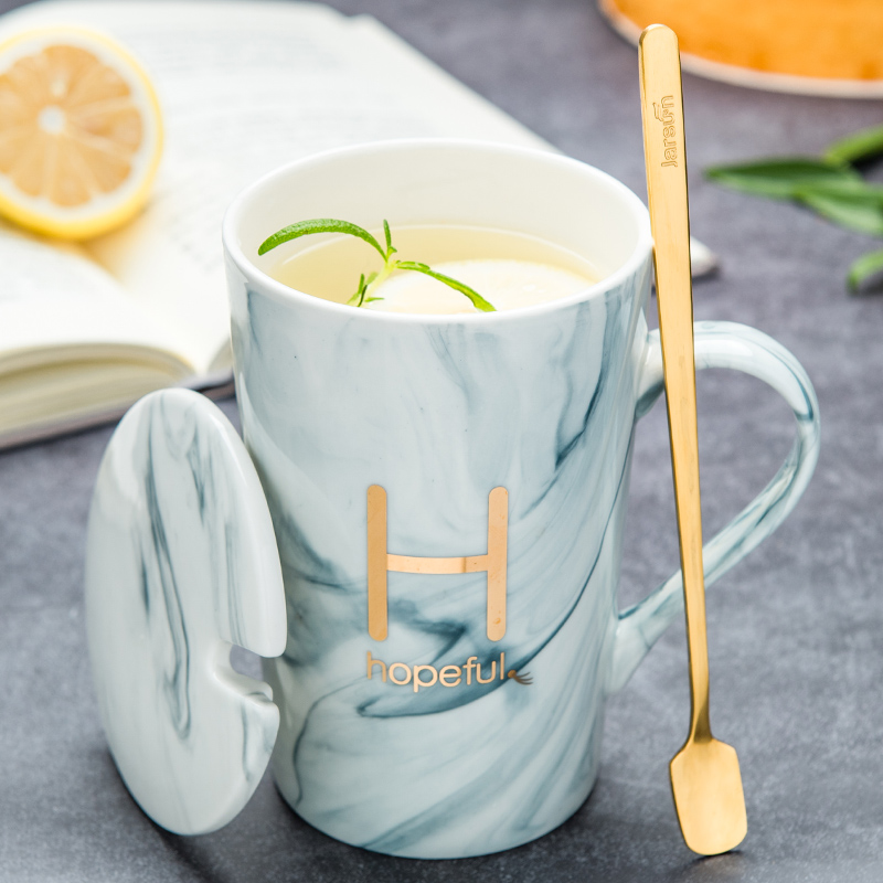 Men 's and' s household ceramic water mark cup ins creative trend couples move coffee milk tea cups with cover a spoon