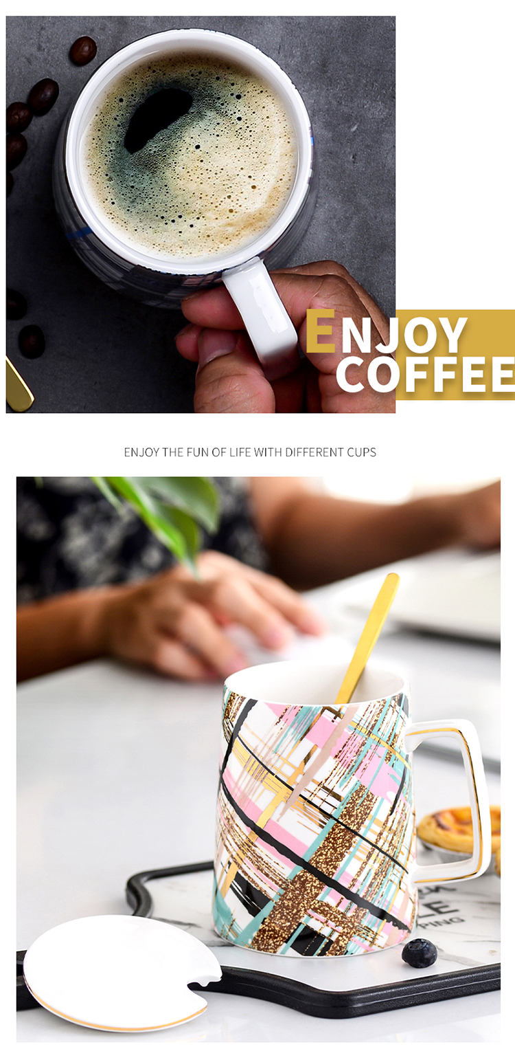 Creative ceramic water cup Nordic character tide mark cup with cover teaspoons of men 's and women' s domestic large capacity coffee cups