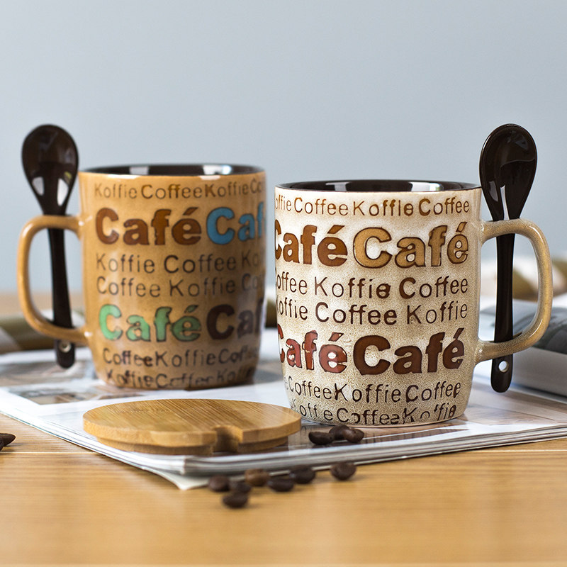 Retro ceramic coffee cup European high-value mug with lid spoon water Cup men's office female Tea Cup home