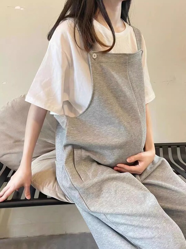 Maternity Overalls Gray Spring and Autumn Loose Plus Size Casual Long Pants Stylish Suspender Pants Trendy Mom Maternity Pants