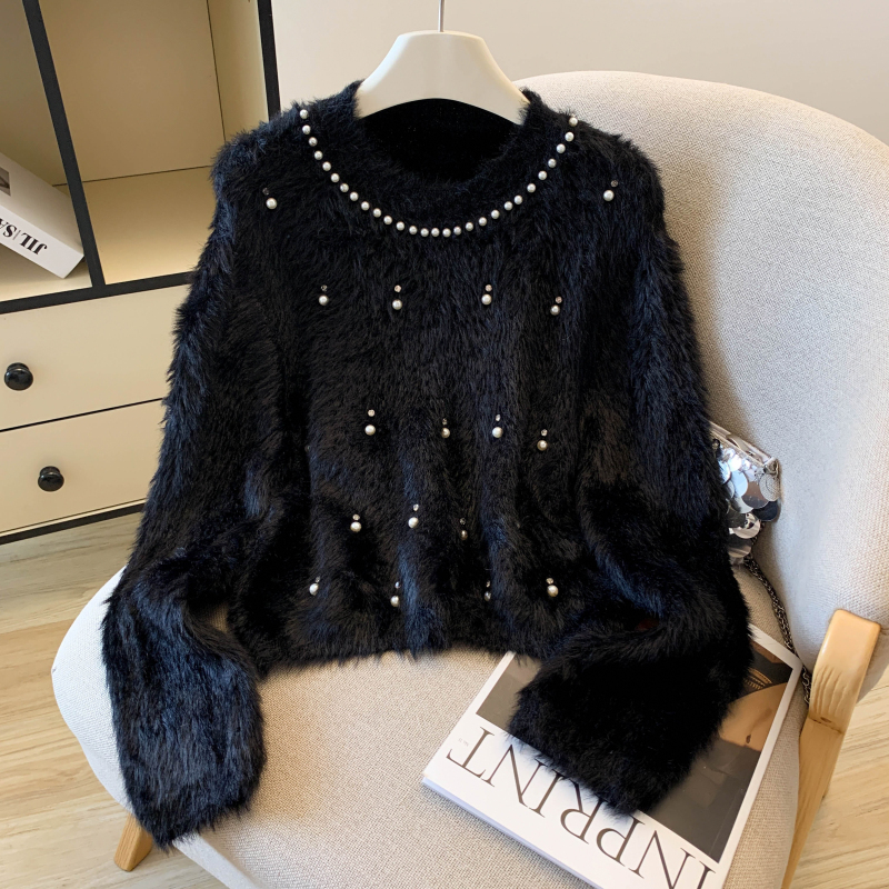 Heavy-Duty Diamond-Embellished Pearl Black Sweater for Women, Suitable for Spring, Autumn, and Winter, Soft and Fluffy Knit Top, Loose Short-Sleeved Pullover