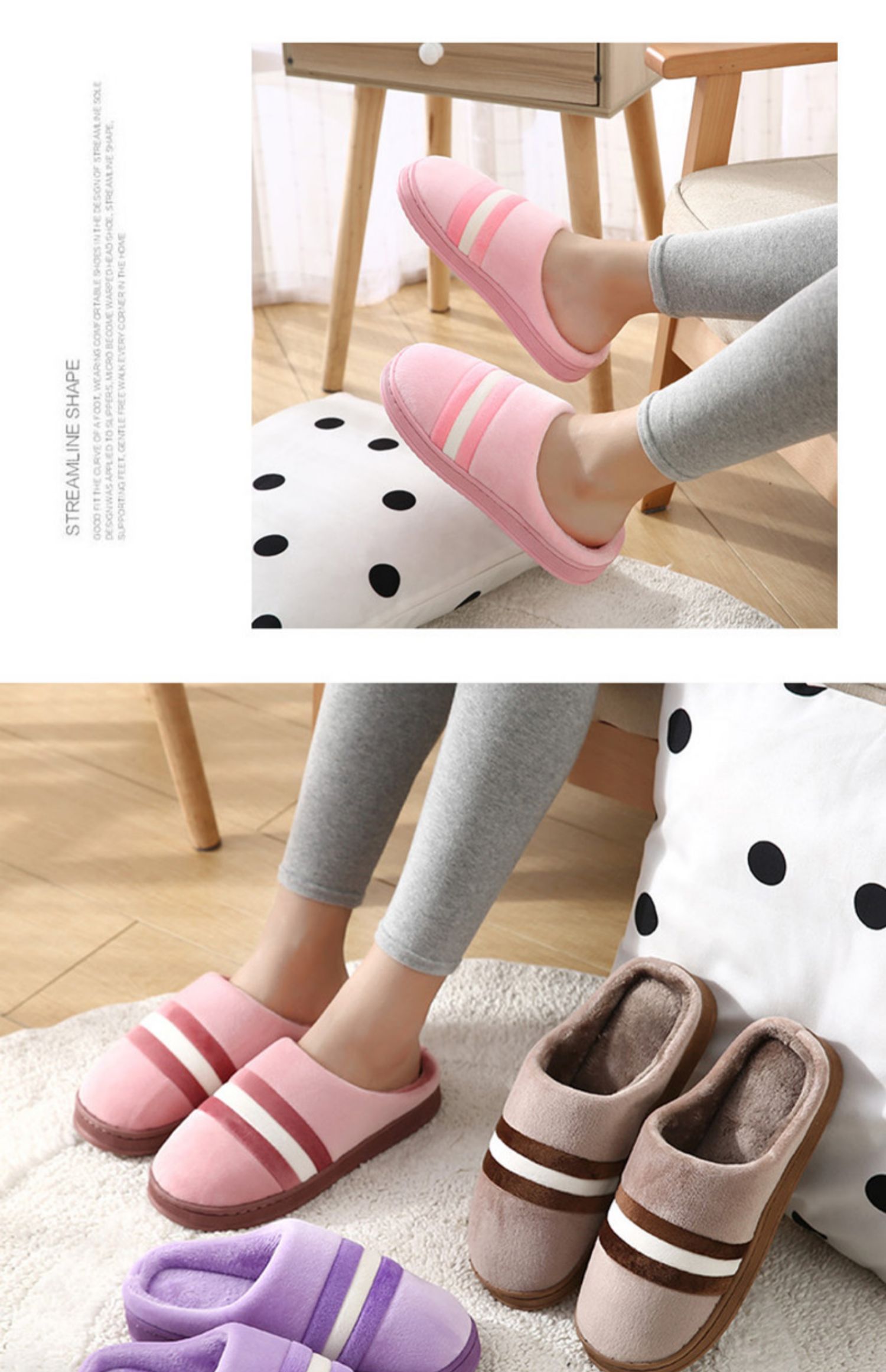 Dép cotton nữ mùa thu và mùa đông nhà trong nhà chống trượt dày đáy ấm tháng giày nam kích thước lớn khâu sọc - Trang chủ dép đi trong nhà cho bé trai
