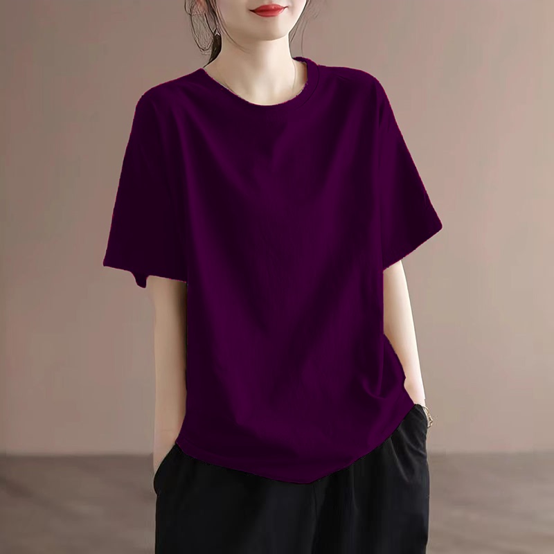 2026 New Pure Cotton Short-Sleeve T-Shirt for Women, Summer Loose Fit, Popular Round Neck, Tummy-Covering Top, Solid Color Regular Shoulder Base Shirt 2026 New Pure Cotton Short-Sleeve T-Shirt for Women, Summer Loose Fit, Popular Round Neck, Tummy-Covering Top, Solid Color Regular Shoulder Base Shirt