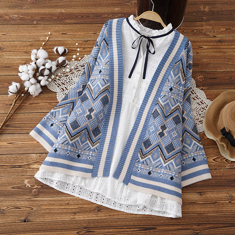 Maternity cardigan set autumn ethnic style loose knit shirt top temperament jacket large size autumn and winter two-piece set